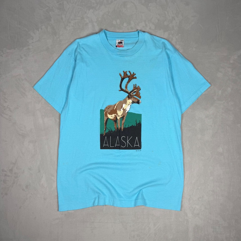 80s Mens Fruit of the Loom Alaska Caribou Graphic Souvenir Tee Blue Large